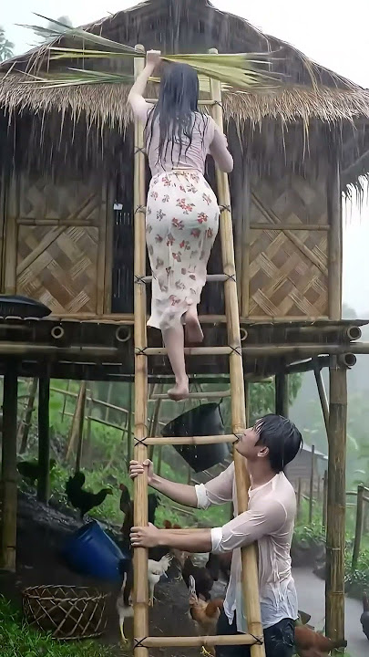 Beautiful girl repairing leaking roof, Heavy rain and storm in peaceful village #rain #rainsounds