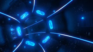 Fly in Futuristic Sci-Fi Spaceship Tunnel of Blue Neon Glow Lights 4K Background VJ Video Effect Wealth