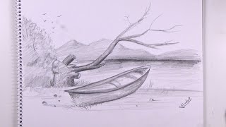 تعلم كيف ترسم منظر طبيعي قارب صغير وغصن شجرة بالقلم الرصاص