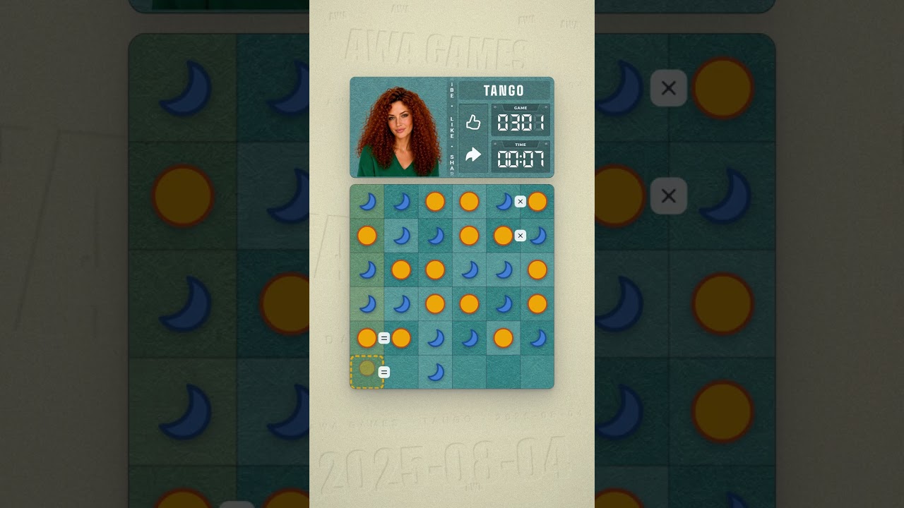 LinkedIn Tango #301 solved board for August 4, 2025, 6x6 grid