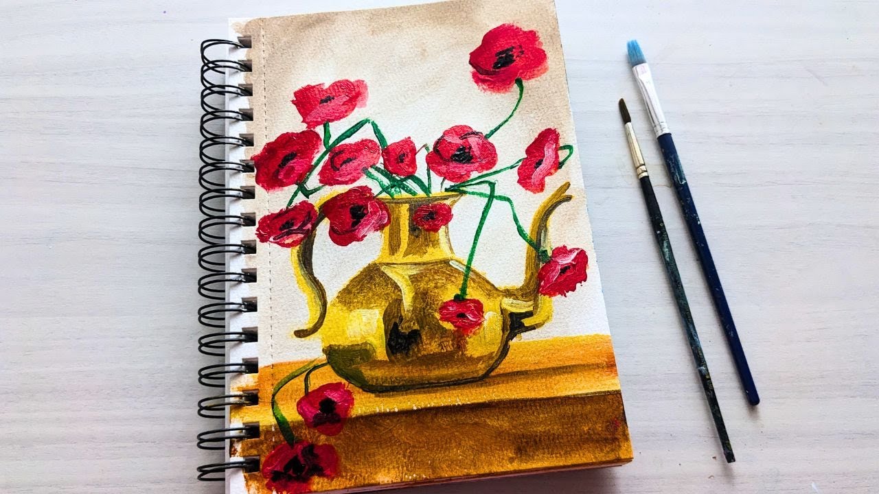 Poppies in copper jug | flower vase still life | acrylic painting for ...