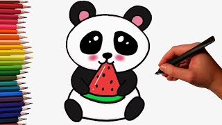 How to Draw a Cute Panda Eating a Watermelon Easy - Cute drawings