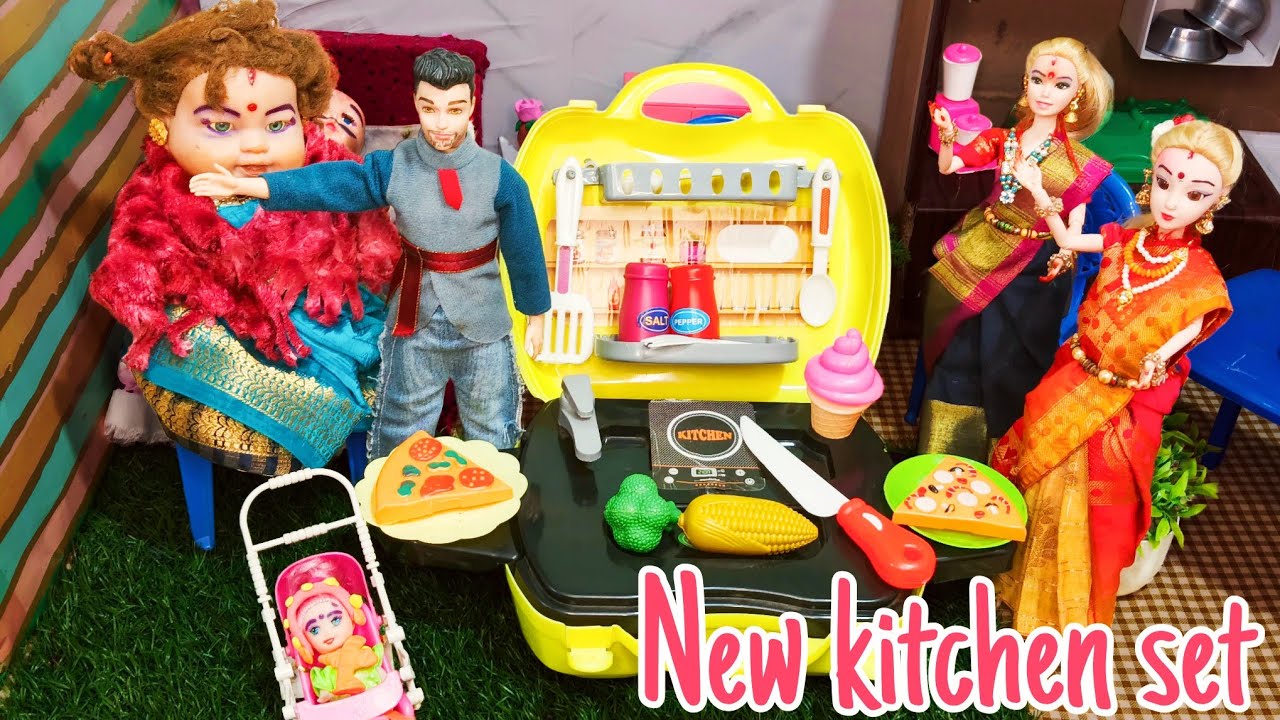 Barbie doll All day routine / dolls village/ Barbie village/ multi do girls/ toy kitchen set/ toyset