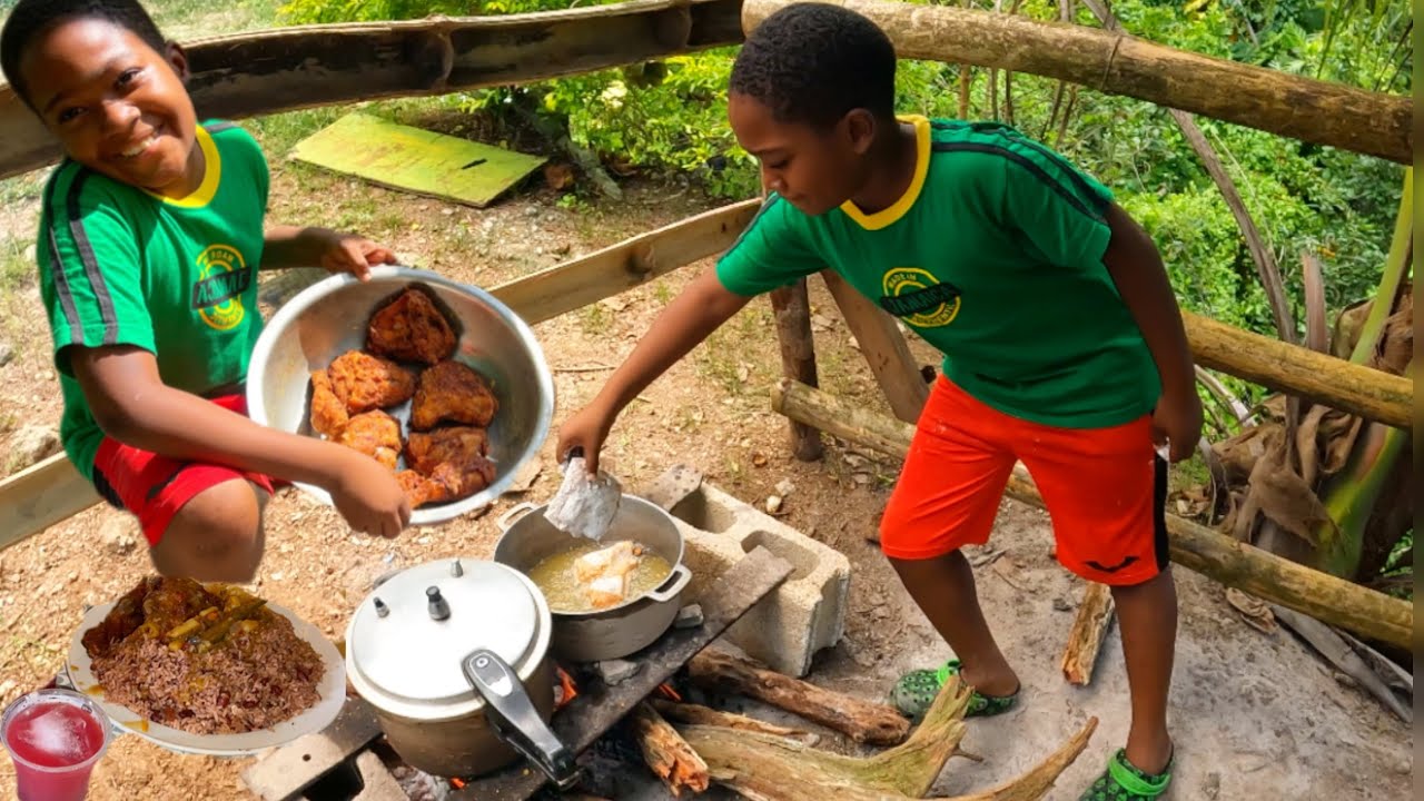 My Son Cook Dinner Today Fry Chicken Rice&Peas Outside Cooking Survival Way Of Living
