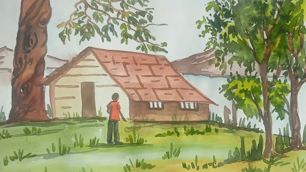 easy village scenery drawing ll how to draw easy scenery with ...