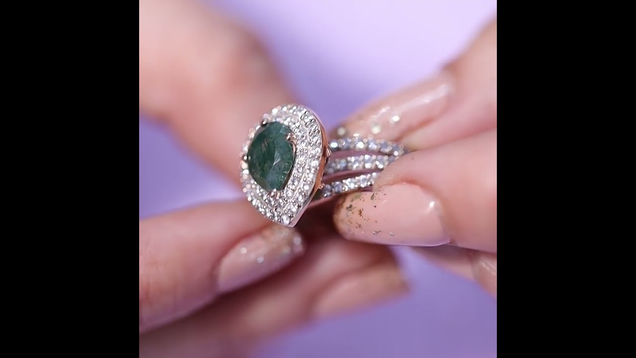 Engagement Ring Pear Drop Shape Moss Agate Double Halo Diamond Womens Ring Jewelry