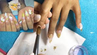 ‼️Watch me do Acrylic nails on my CLIËNT😍|| SHORT GOLD STILLETTO NAILS ||•|| Jamie-Kay ||•||