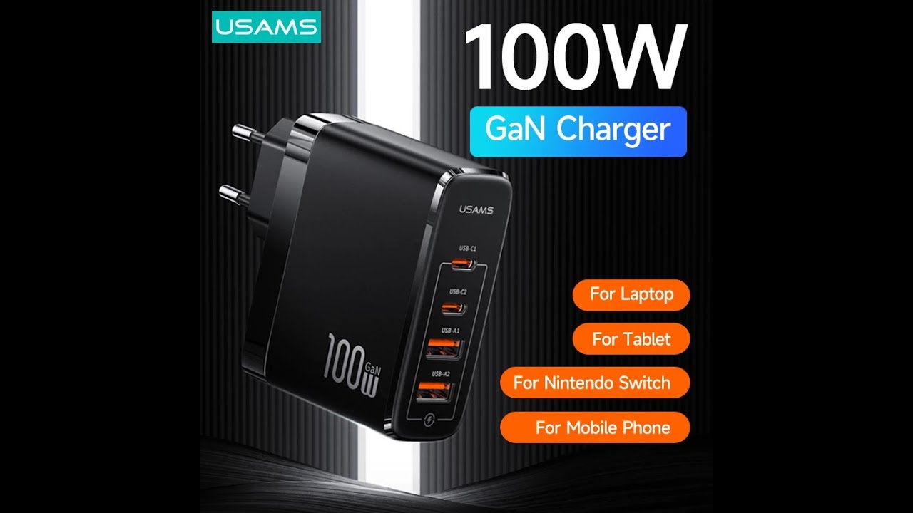 USAMS PD 100W GaN Charger For MacBook iPad Air Pro iPhone Portable Fast Charging Charger