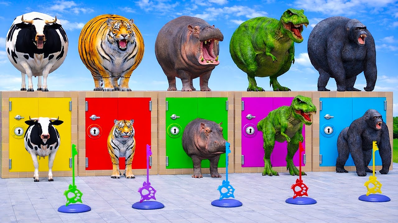 Long Slide Game With Cow Elephant Gorilla Hippopotamus Tiger - 3d Animal Game - Funny 3d Animals