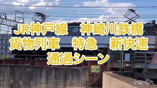 JR神戸線　神崎川鉄橋　貨物列車　特急　新快速　通過シーン