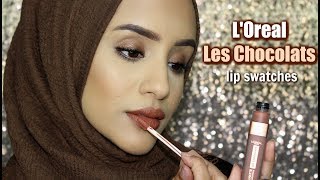 Swatches | L'oreal Les Chocolats Scented Matte Liquid Lipsticks on Olive skin - UK edition