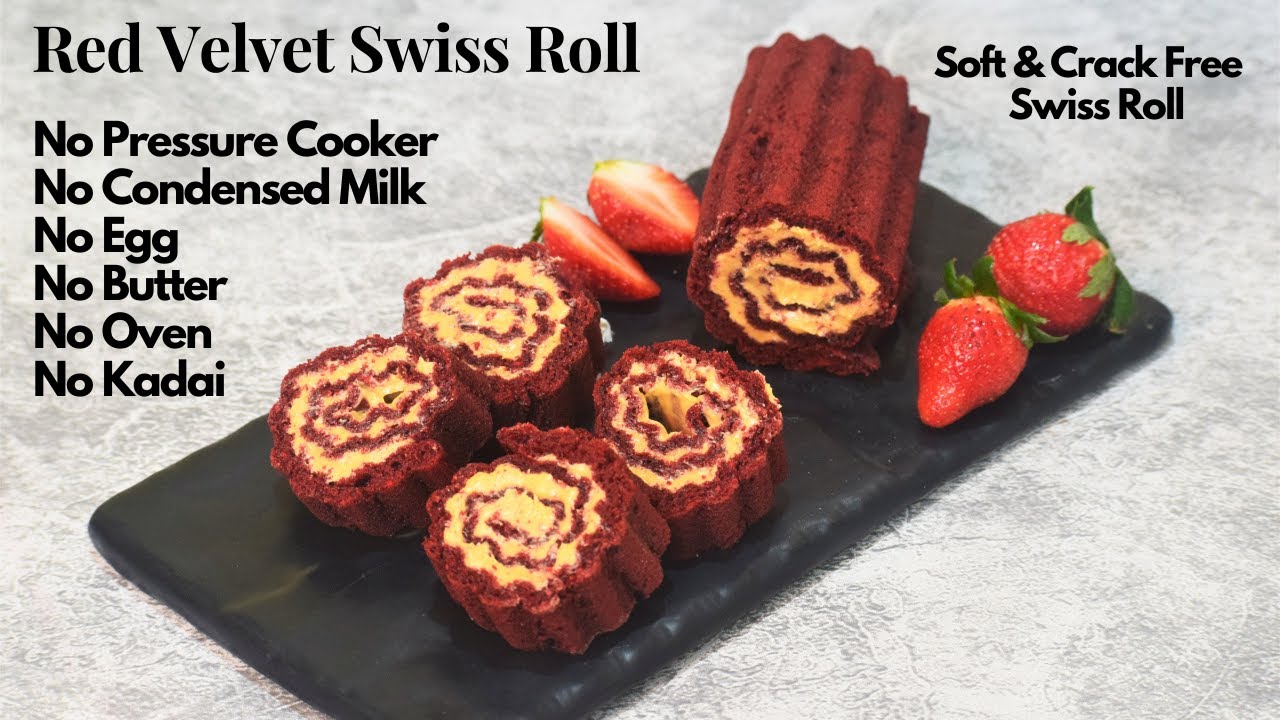 Eggless Red Velvet Swiss Roll Without Oven | Kadai परफेक्ट स्विस रोल बनाये बिना अंडा बिना ओवन | कड़ाई