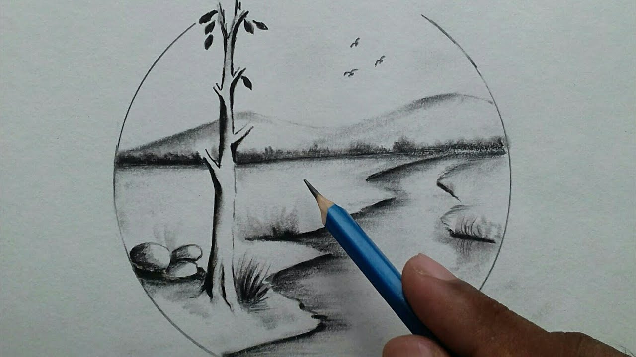 Very easy scenery for beginners / river site scenery drawing with ...