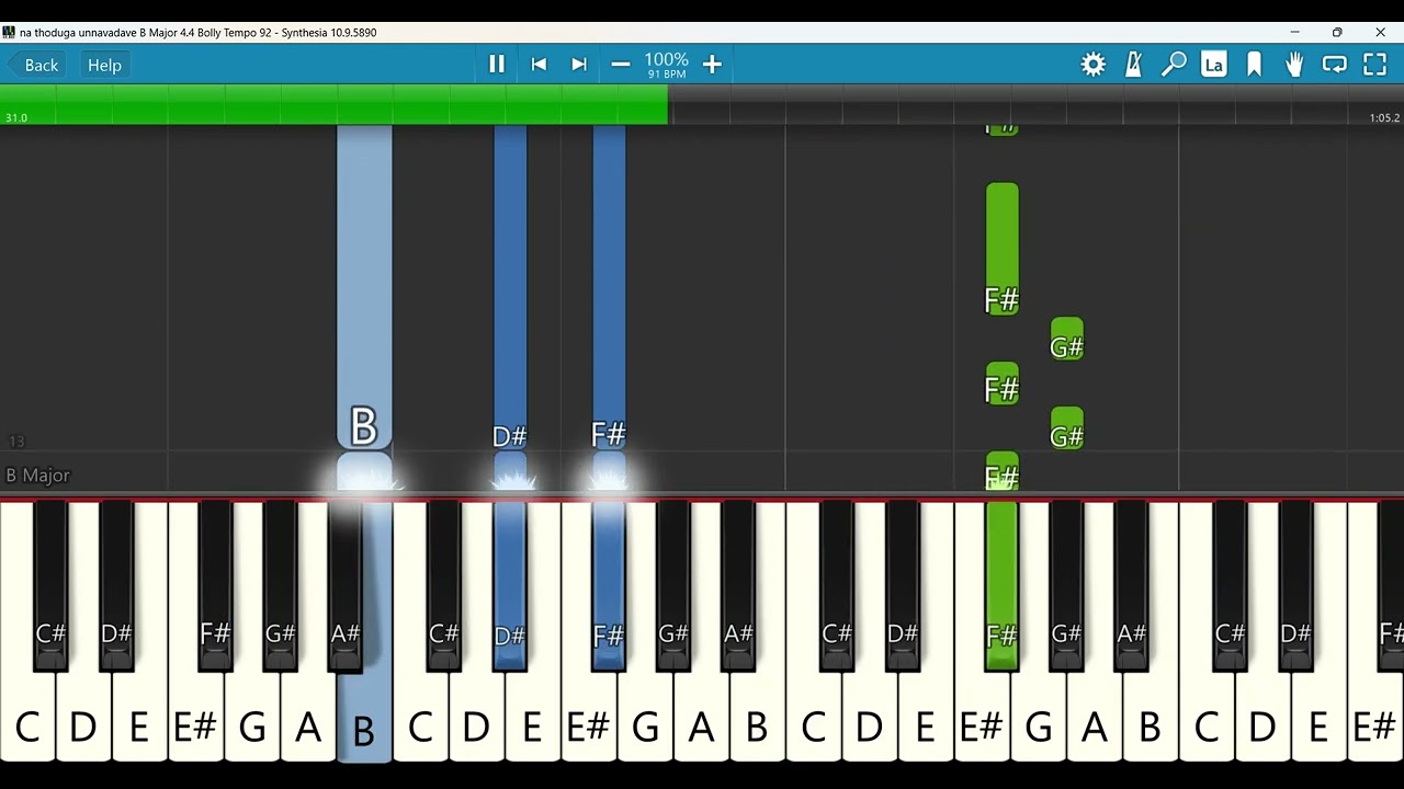 na thoduga unnavadave Keyboard Notes B Major 4/4 Bolly Tempo 92 | నా తోడుగా ఉన్నవాడవే