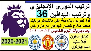 ترتيب الدوري الانجليزي وترتيب الهدافين الجولة 36 الخميس 13-5-2021 - فوز ليفربول علي مان يونايتد