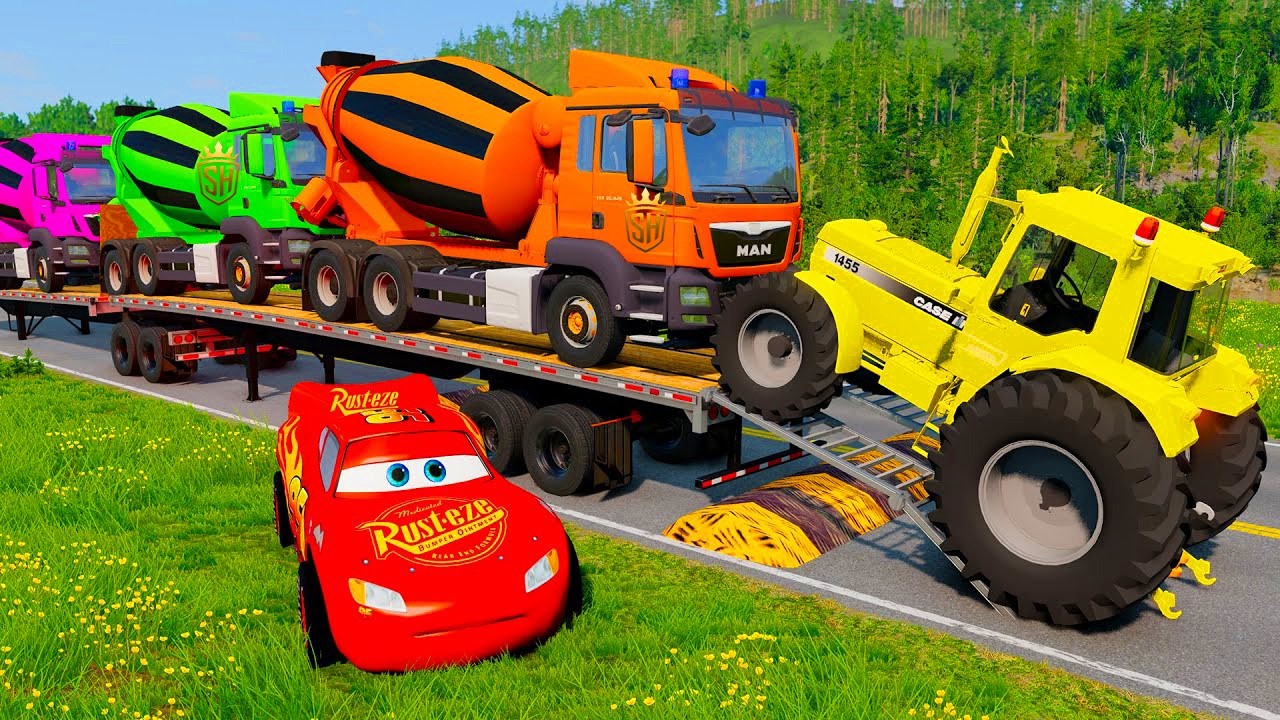 TRANSPORTING PIXAR CARS & FRUITS WITH COLORED & JOHN DEERE vs CLAAS vs TRACTORS - BeamNG.drive #983
