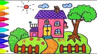 كيفية رسم بيت وحديقة وتلوينها للاطفال باستخدام الأحرف خطوة بخطوة 