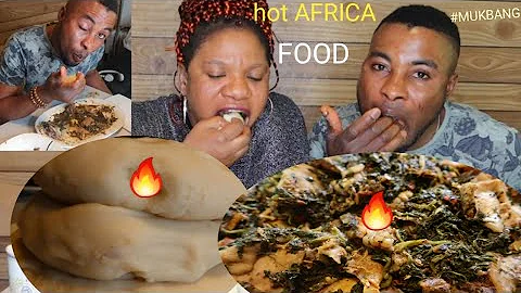 ASMR NIGERIA FOOD #MUKBANG//FUFU AND VEGETABLE SPINACH SOUP WITH COW SKIN MEAT FISH TILAPIA  GOAT