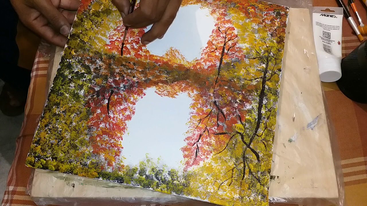 Autumn Red Leaf Trees With Sun | Mirrored Autumn Trees with Acrylic Paints | Class 1 |