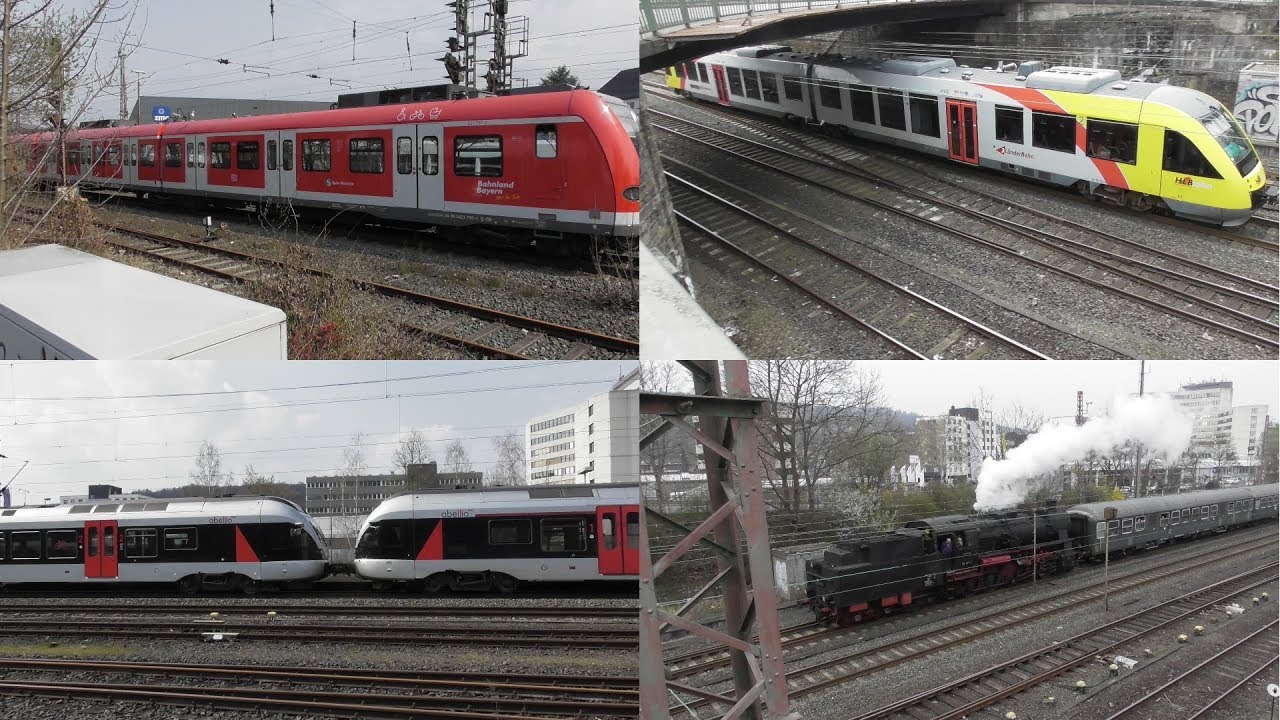 Bahnverkehr in Siegen-Weidenau mit Dampfsonderzug, S-Bahn übeführung, Abellio FLIRTs und HLB LINTs