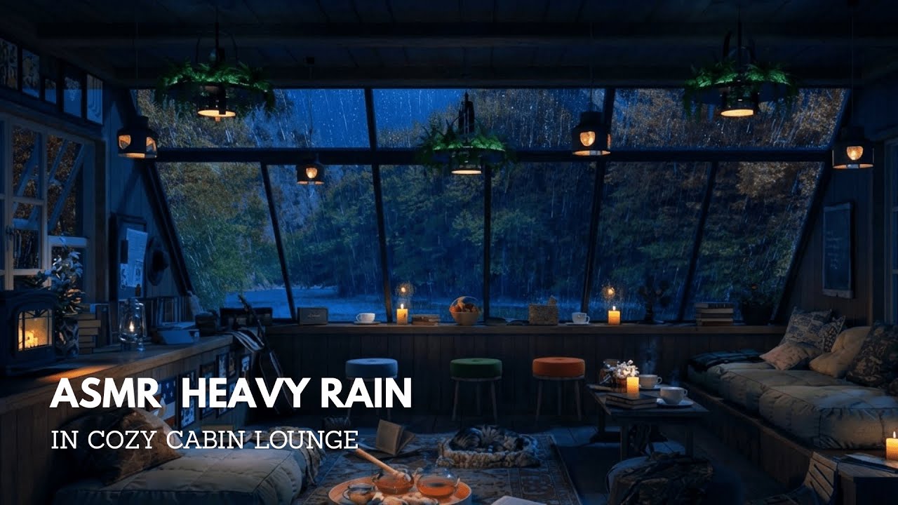 ASMR Heavy Rain in Cozy Cabin Lounge | Relaxing Rain Ambience for Sleep ...