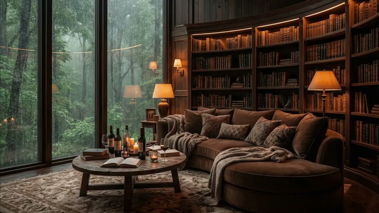 Rainy Day in a Cozy Library | Gentle Sounds for Relaxation