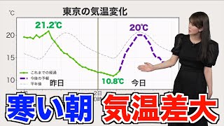 【気温差 大】今朝は肌寒く東京で10.8℃ 昼間は気温上昇