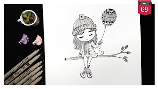 Cute Little Girl With Balloon | Zentangle Designs | Lines And Curves | Draw With Me