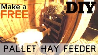 10 min DIY - How to Make A Free Animal Hay Feeder out of Pallets Make a pallet hay feeder for your animals. A quick DIY feeder project from www.thisishomesteady.com. Goats, sheep, and other farm