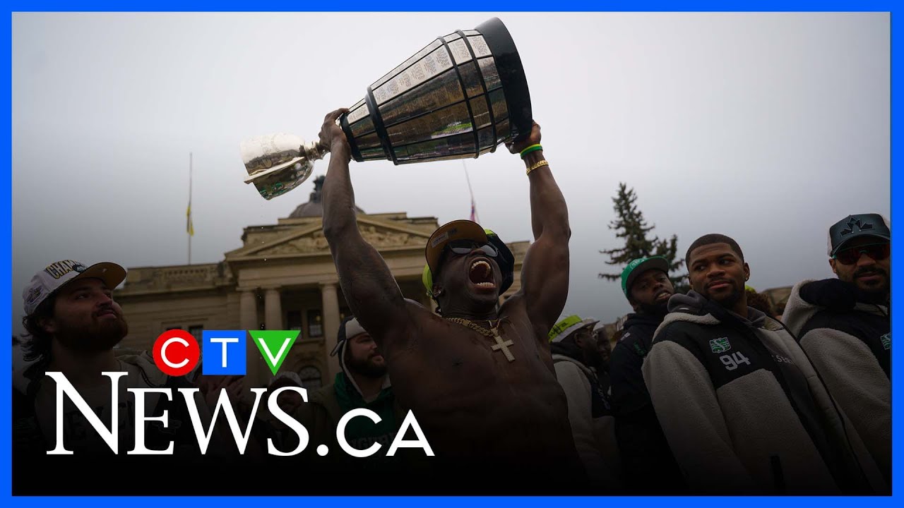 Roughriders celebrate their Grey Cup win with a parade in Regina