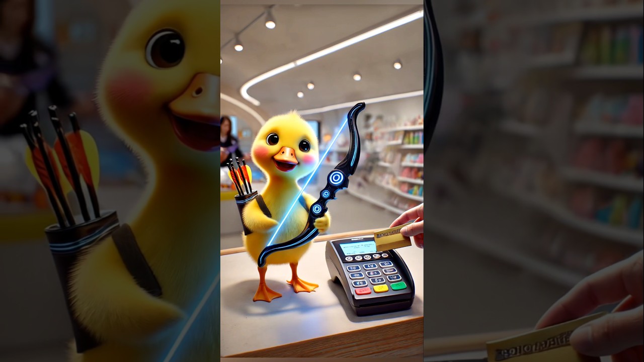 The cute duck brings a bow and arrow and gives it to the little boy. 