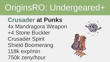 [OriginsRO] Undergeared Plus: Crusader (Shield Boomerang) at Punk (118k exp/min, 750k zeny/hour)