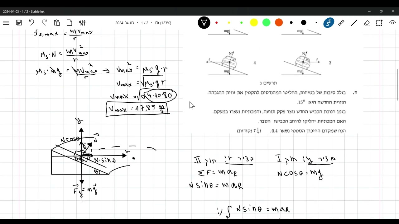 בגרות מכניקה 2006 שאלה 4- תנועה מעגלית של מכונית במעקם תנועה אופקי ומעקם עם זווית הגבהה