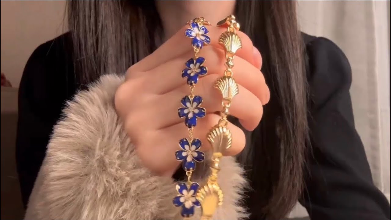 ハンドメイド レトロ ブルー フラワー エナメル ゴールド 貝殻 おしゃれ ブレスレット