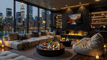 4K Luxury NYC Apartment with Riverside City View 🌆 Soft Jazz Background Music for Work & Study