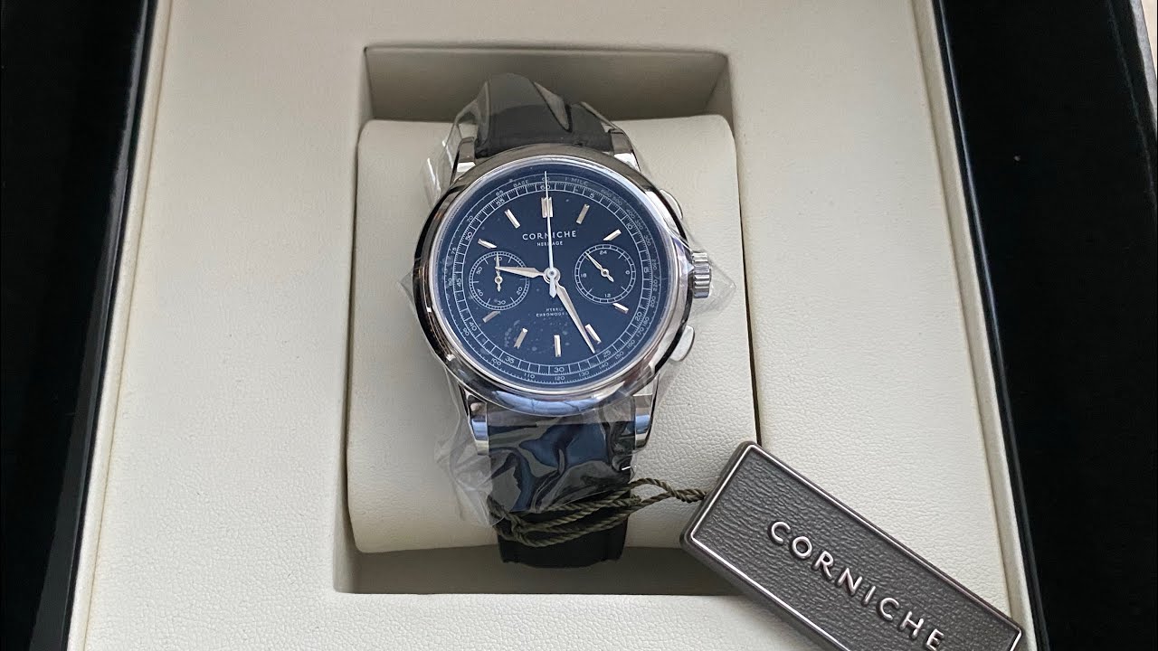 Men's silver Corniche watch with leather strap Chronograph Steel with Black dial 39MM