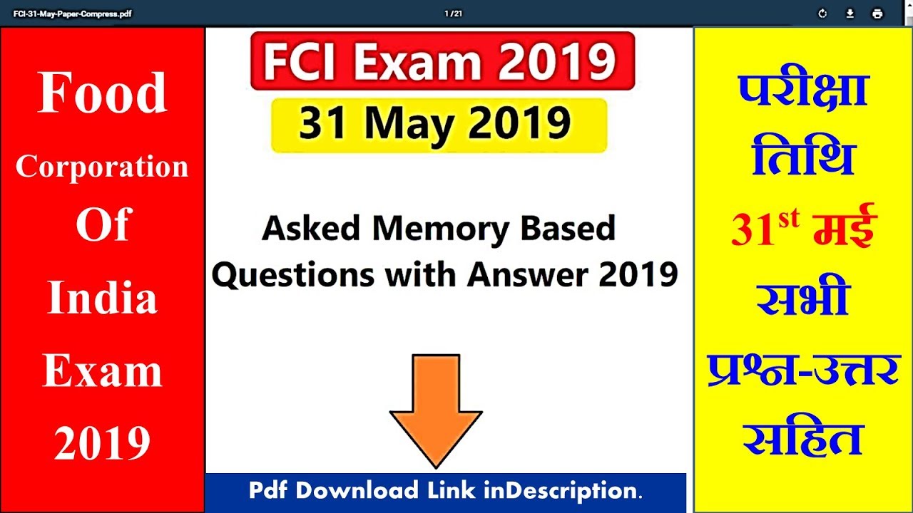FCI Various Post Question Paper 31 May FCI Answer key 2019 31 May Answer key