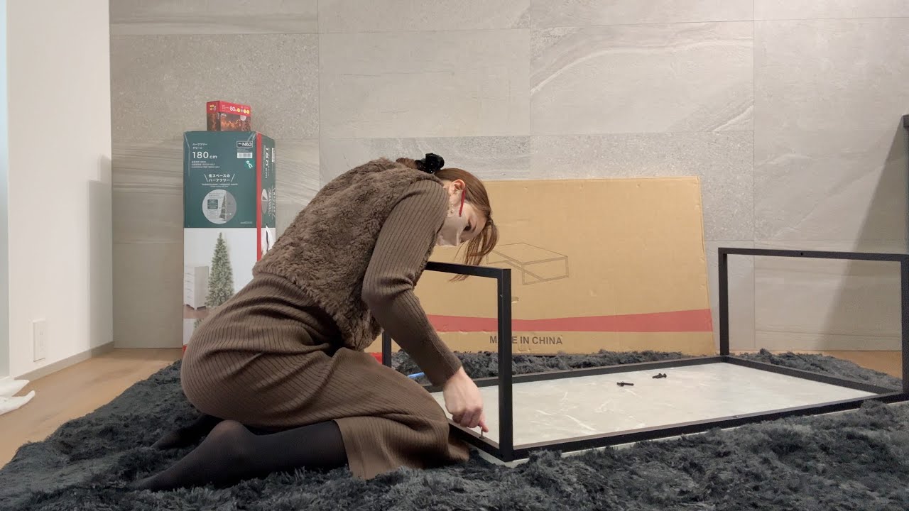 ネットで買った購入品紹介＆組立DIY♡黒いラグ、大理石風ローテーブル