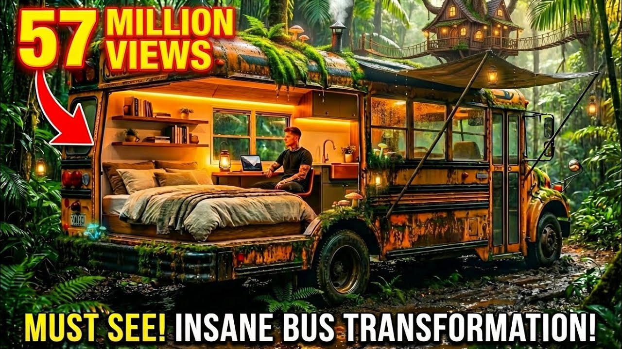 I Built a Secret Bus Home in the Jungle 🌧️ Heavy Rain ASMR | Survival Shelter