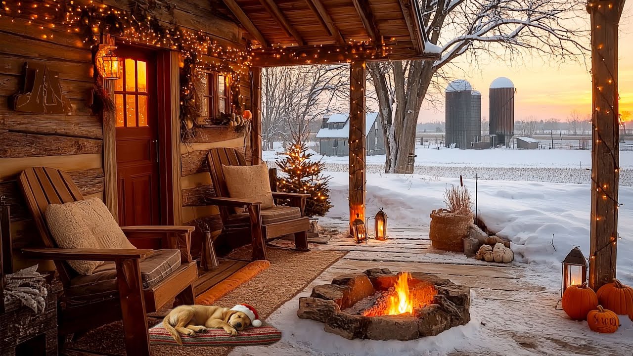 Winter Countryside Farm Porch at Sunset ❄️ Cozy Fire Pit & Relaxing Piano Ambience