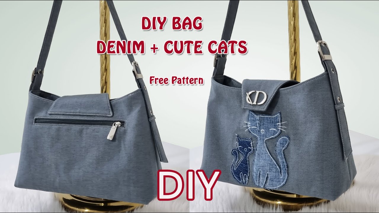 DIY Denim Shoulder Bag with Cute Cat Appliqué | Free Pattern
