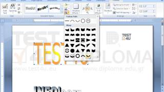 Apply Arch Down (Pour) Warp effect on the first WordArt text displayed on the current document....