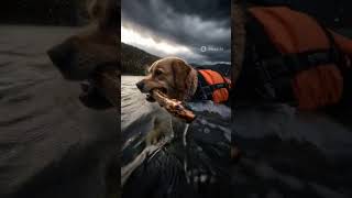 here is the prompt ​A dramatic, wide-angle shot of a golden retriever in a choppy, dark bluee.