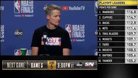 Steve Kerr Postgame Interview Raptors vs Warriors Game 2 NBA Finals 2019