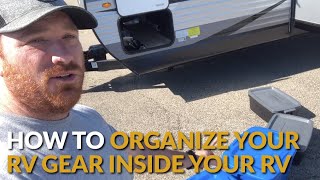 How We Organize our RV Gear in our RV Storage Area #rv #rvlife #camping