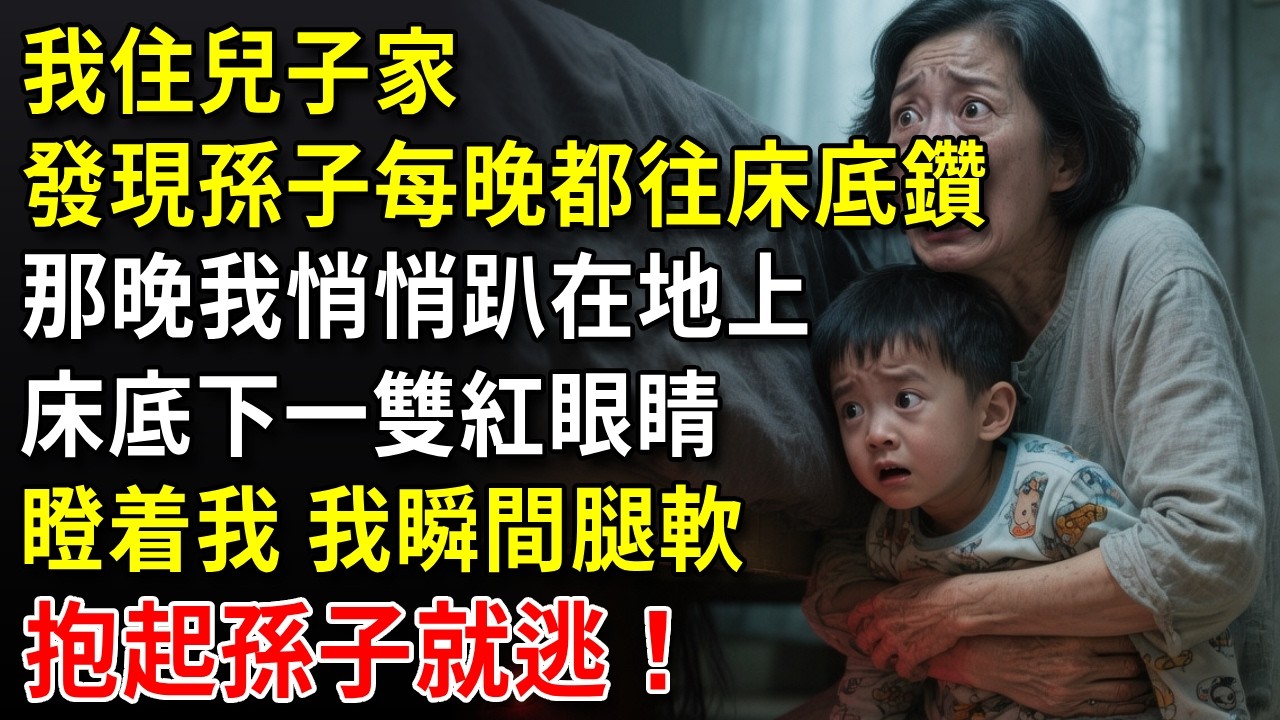 我住兒子家，發現孫子每晚都往床底鑽。那晚我悄悄趴在地上，床底下一雙紅眼睛正瞪着我，我腿都軟了，抱起孫子就逃！#中老年生活 #為人處世 #生活經驗 #情感故事 #幸福人生
