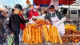 Chinese street food in china: fried Pork in Scoop, fried dough sticks, and grilled chicken rack.