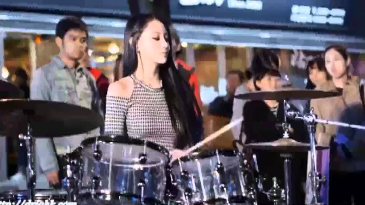 Sexy Girl drum in street South Korean Beauty Playing Rock Drums! A