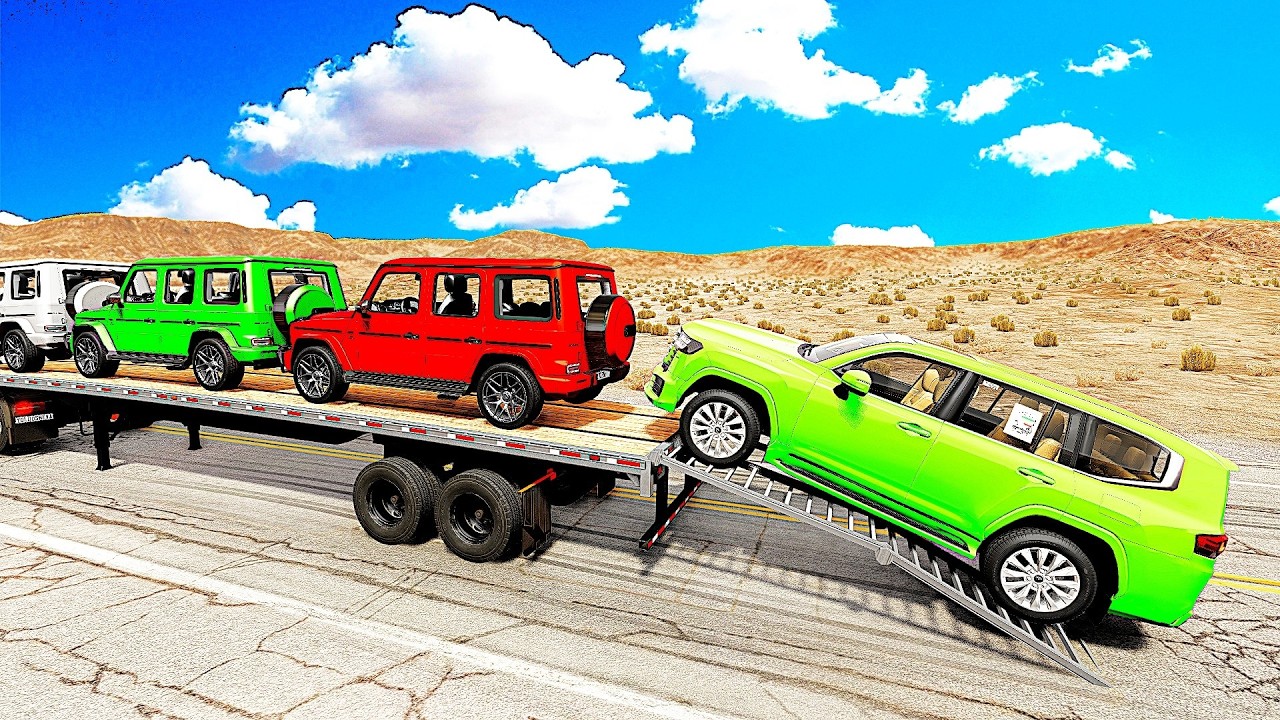 Five Flatbed Trailer McQueen Transportation with Truck - Speedbumps vs Cars vs Train - BeamNG #0