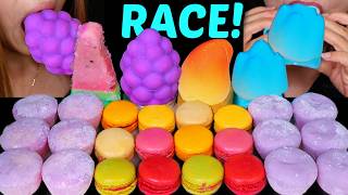 ASMR VIRAL FRUIT ICE CREAM & RAINBOW MOCHI MACARON RACE! 먹방